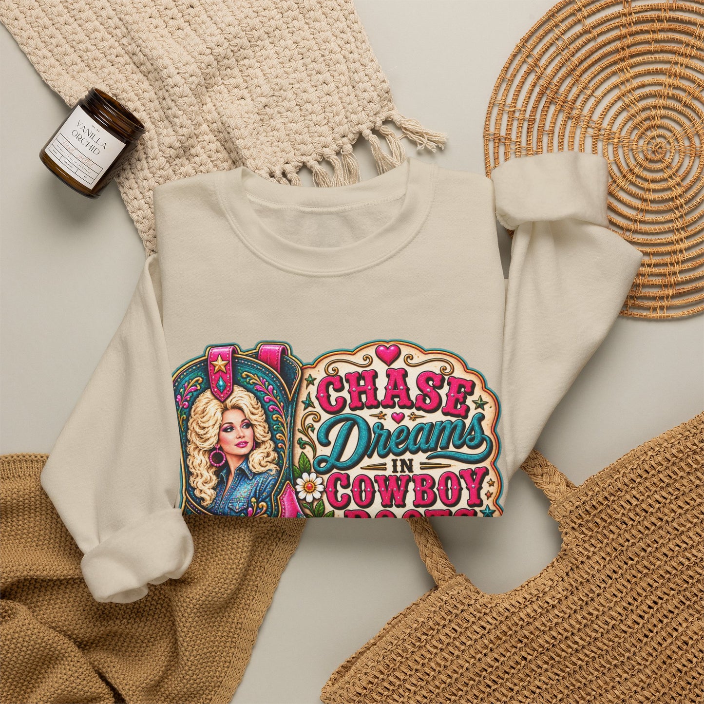 Crewneck Sweatshirt - "Chase Dreams in Cowboy Boots" Retro Western Graphic