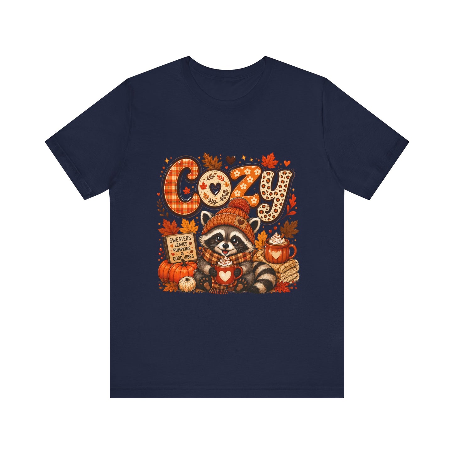Cozy Raccoon Pumpkin Autumn Tee | Fall Leaves, Hot Cocoa, Plaid Letters