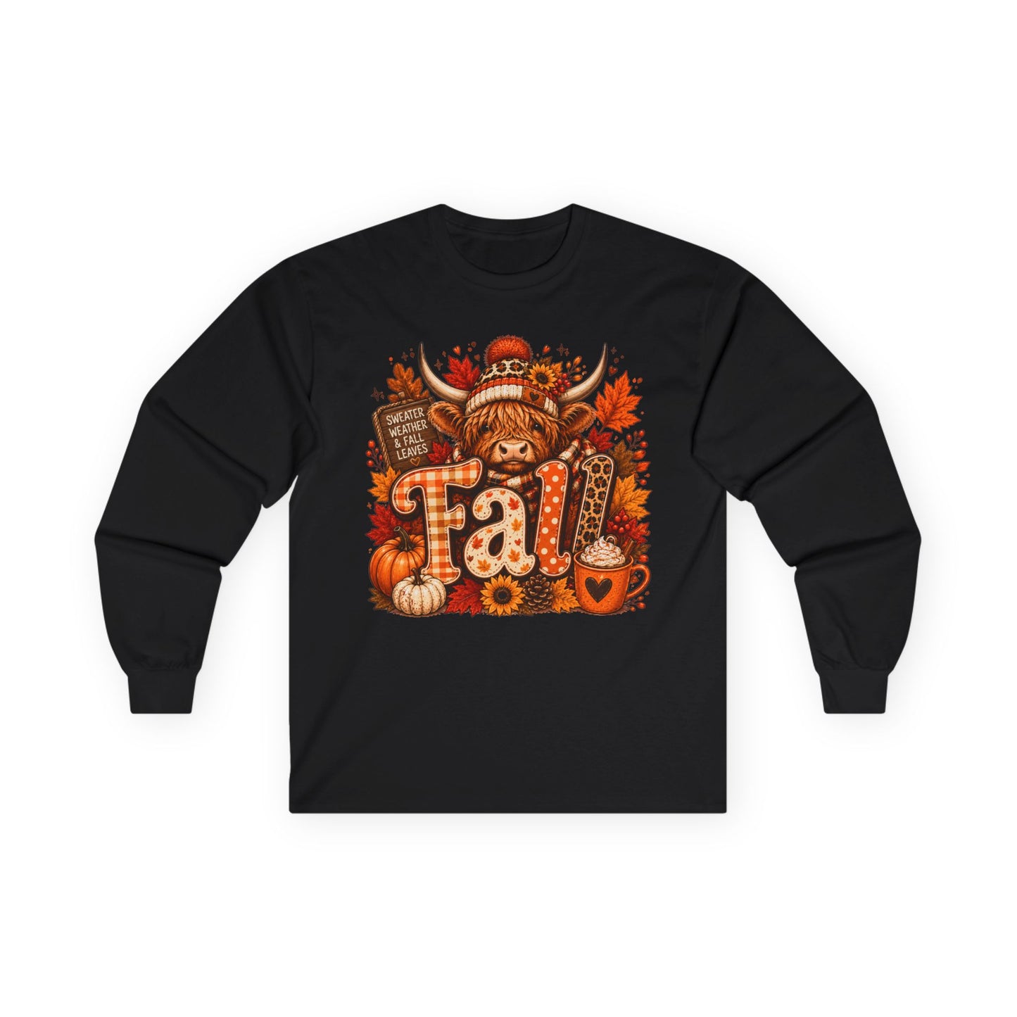 Highland Cow Fall long sleeve tee | autumn pumpkin leaves plaid lettering