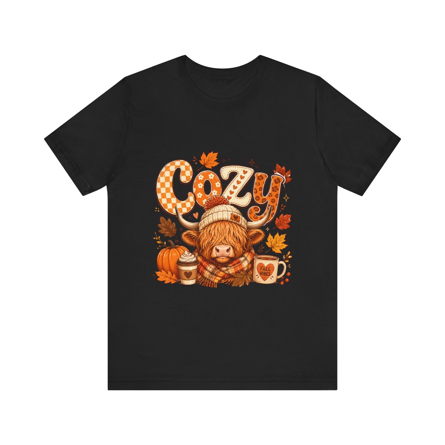 Cozy Highland Cow Tee | Fall Pumpkin Latte Autumn Leaves