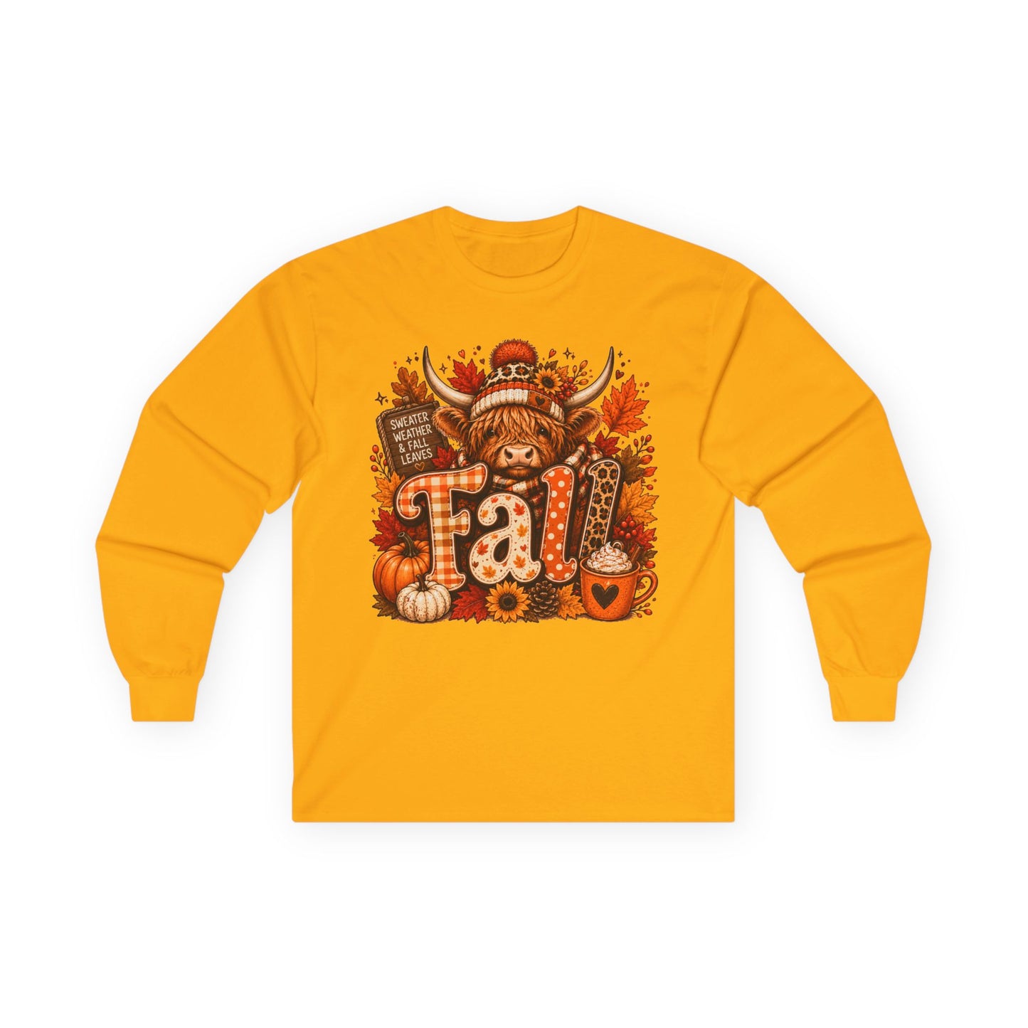 Highland Cow Fall long sleeve tee | autumn pumpkin leaves plaid lettering