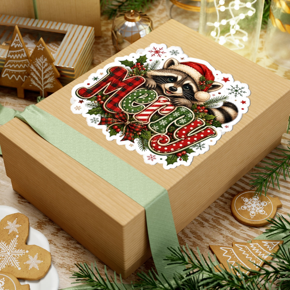 Merry Raccoon Christmas Sticker