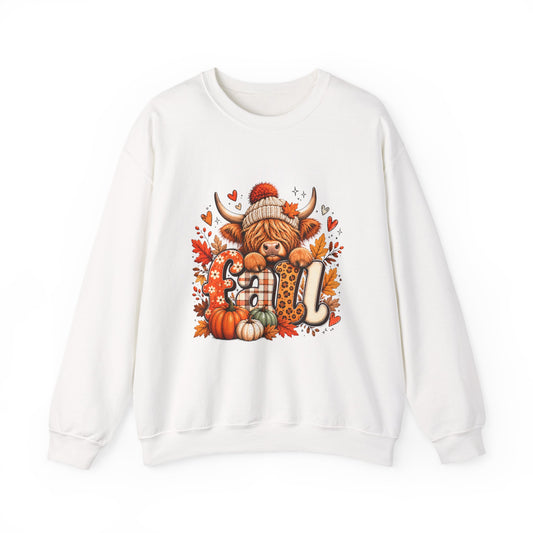 Autumn Highland Cow Pumpkin Crewneck Sweatshirt | Fall Woodland Cozy