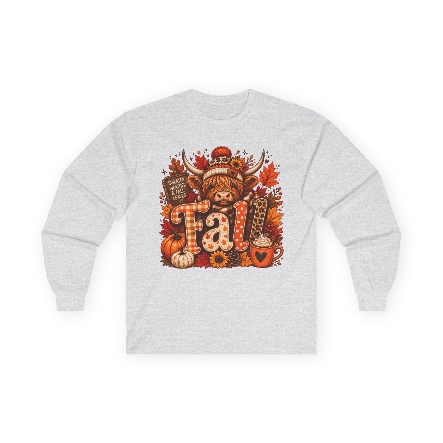 Highland Cow Fall long sleeve tee | autumn pumpkin leaves plaid lettering