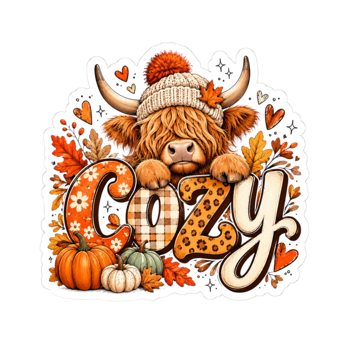 Cozy Highland Cow Kiss-Cut Sticker | Fall Pumpkin Leaves Laptop Decal