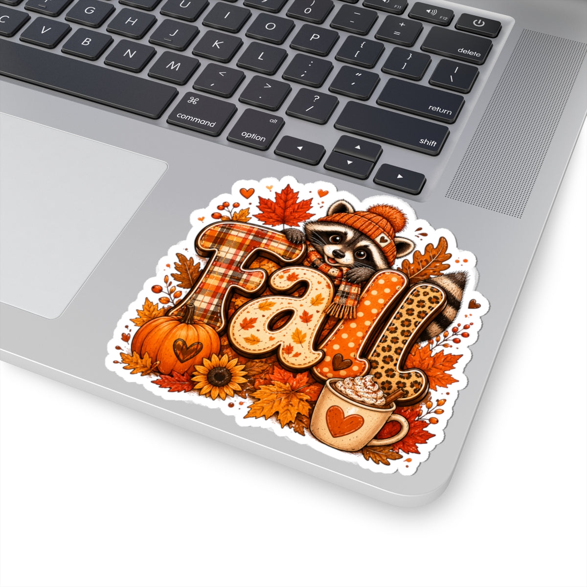 Fall Raccoon Sticker | Autumn Leaves Pumpkin Hot Cocoa Kiss-Cut Sticker
