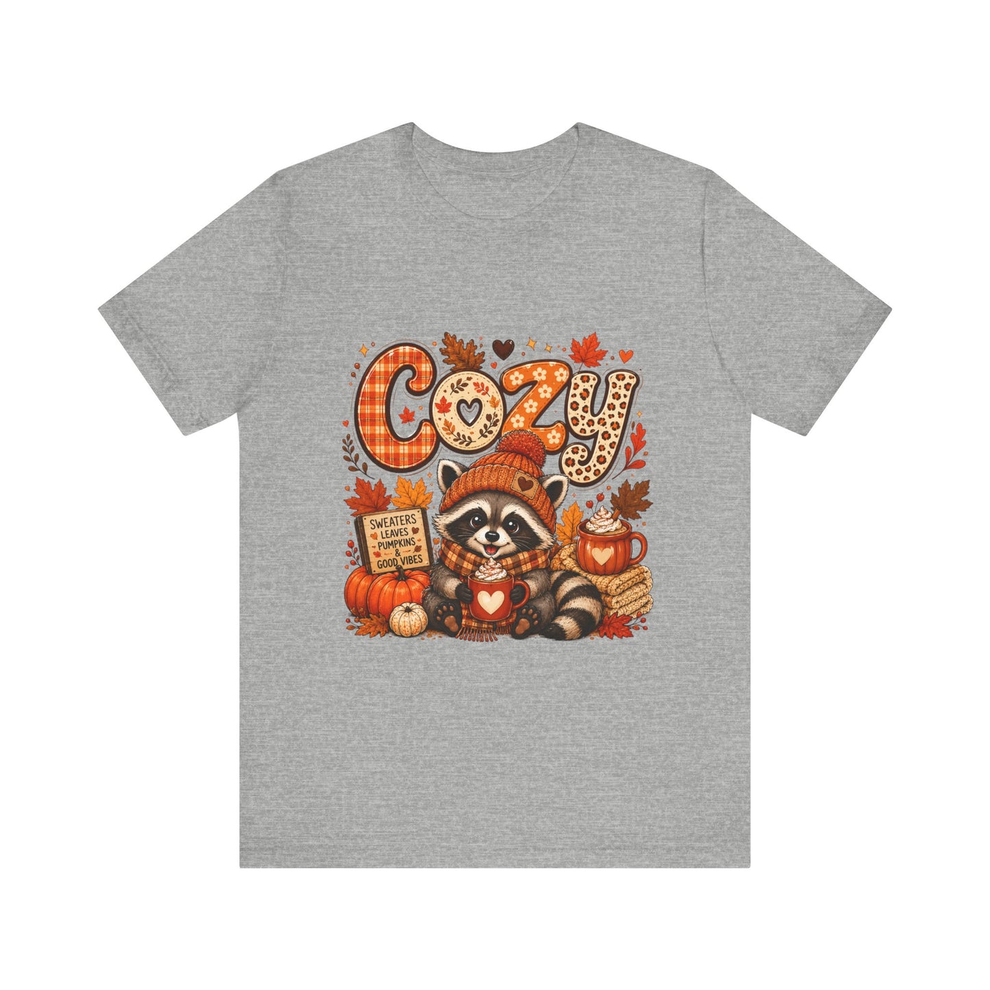 Cozy Raccoon Pumpkin Autumn Tee | Fall Leaves, Hot Cocoa, Plaid Letters