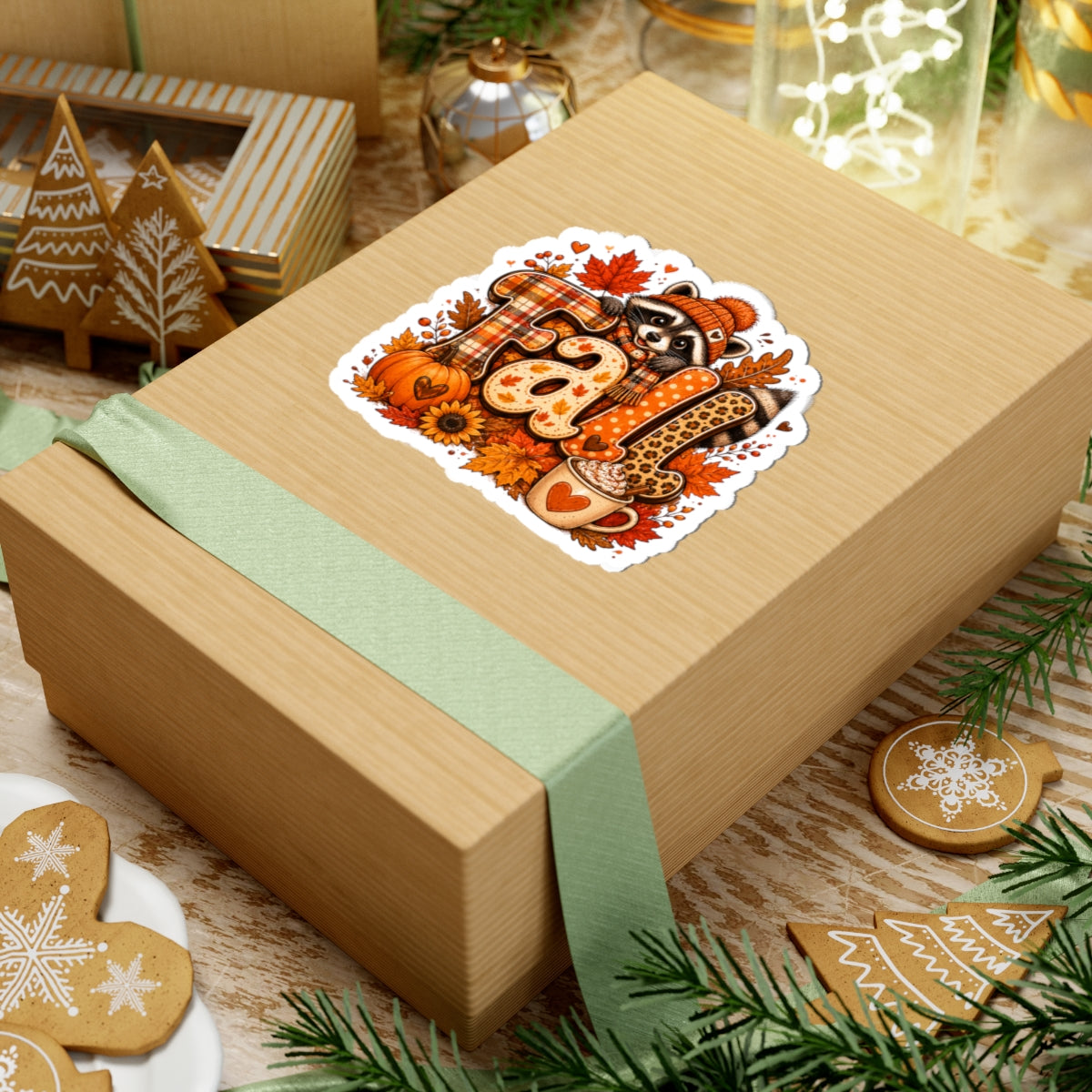 Fall Raccoon Sticker | Autumn Leaves Pumpkin Hot Cocoa Kiss-Cut Sticker