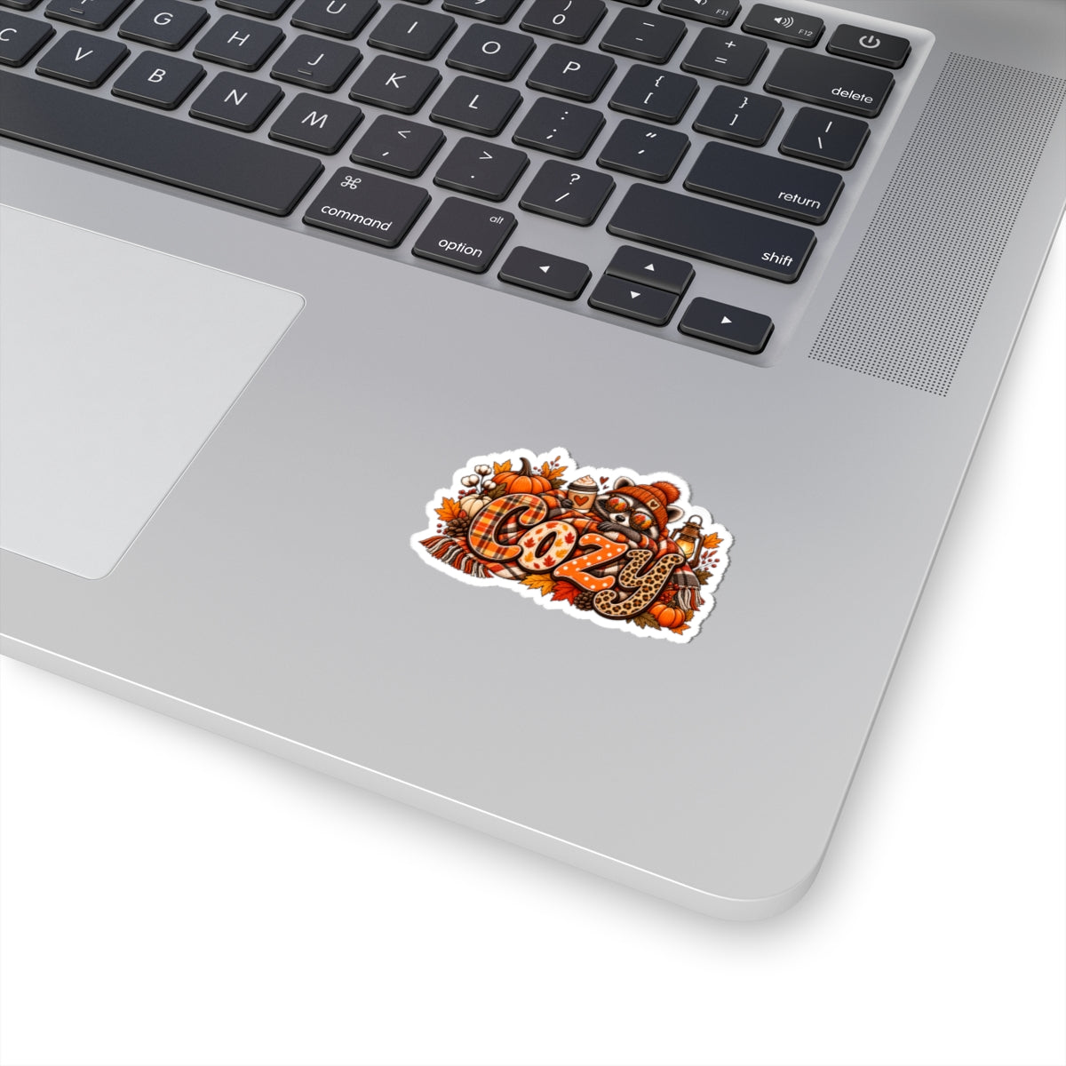 Cozy Autumn Racoon Sticker | Fall Pumpkins Plaid Leopard Kiss-Cut Sticker