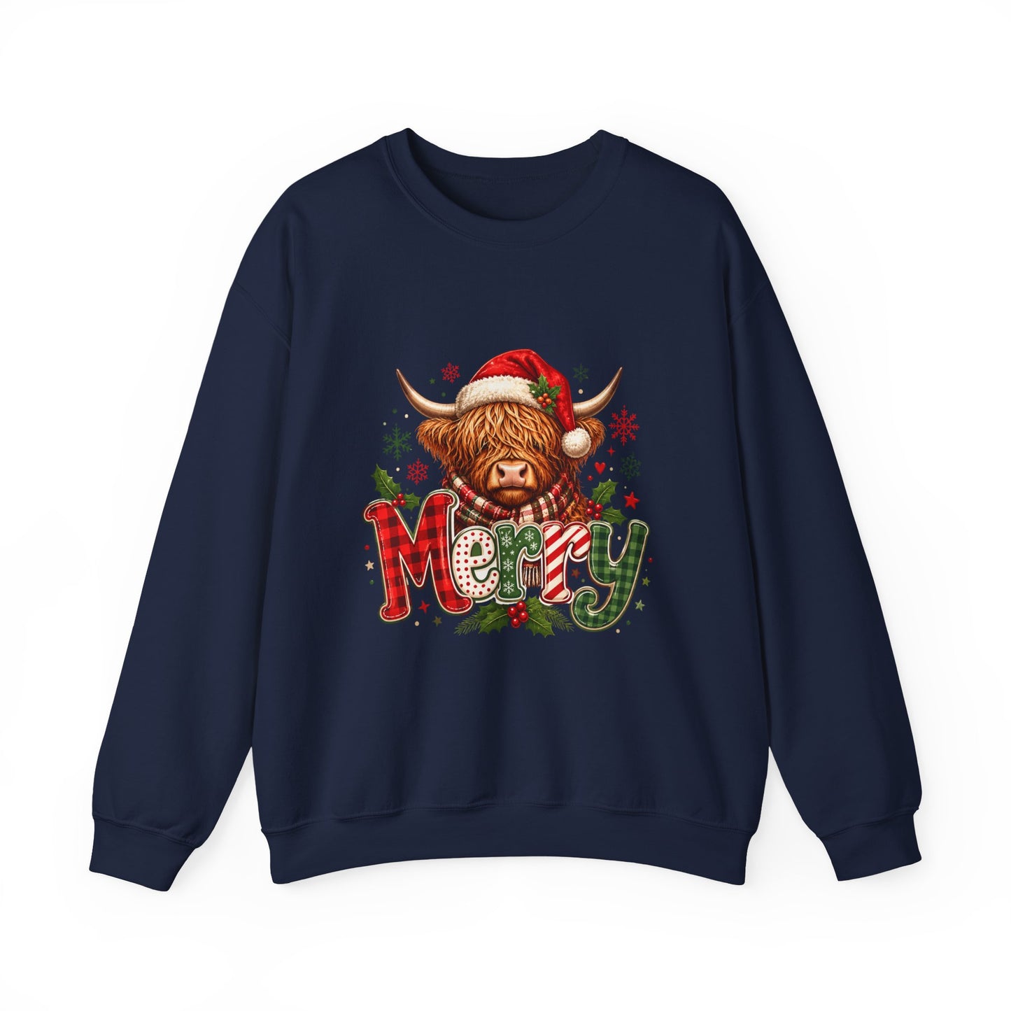 Christmas Highland Cow 'Merry' Sweatshirt – Festive Holiday Crewneck
