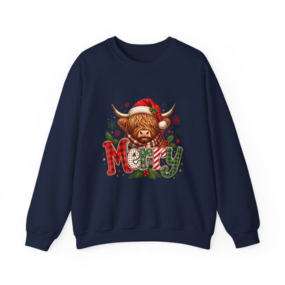 Christmas Highland Cow 'Merry' Sweatshirt – Festive Holiday Crewneck
