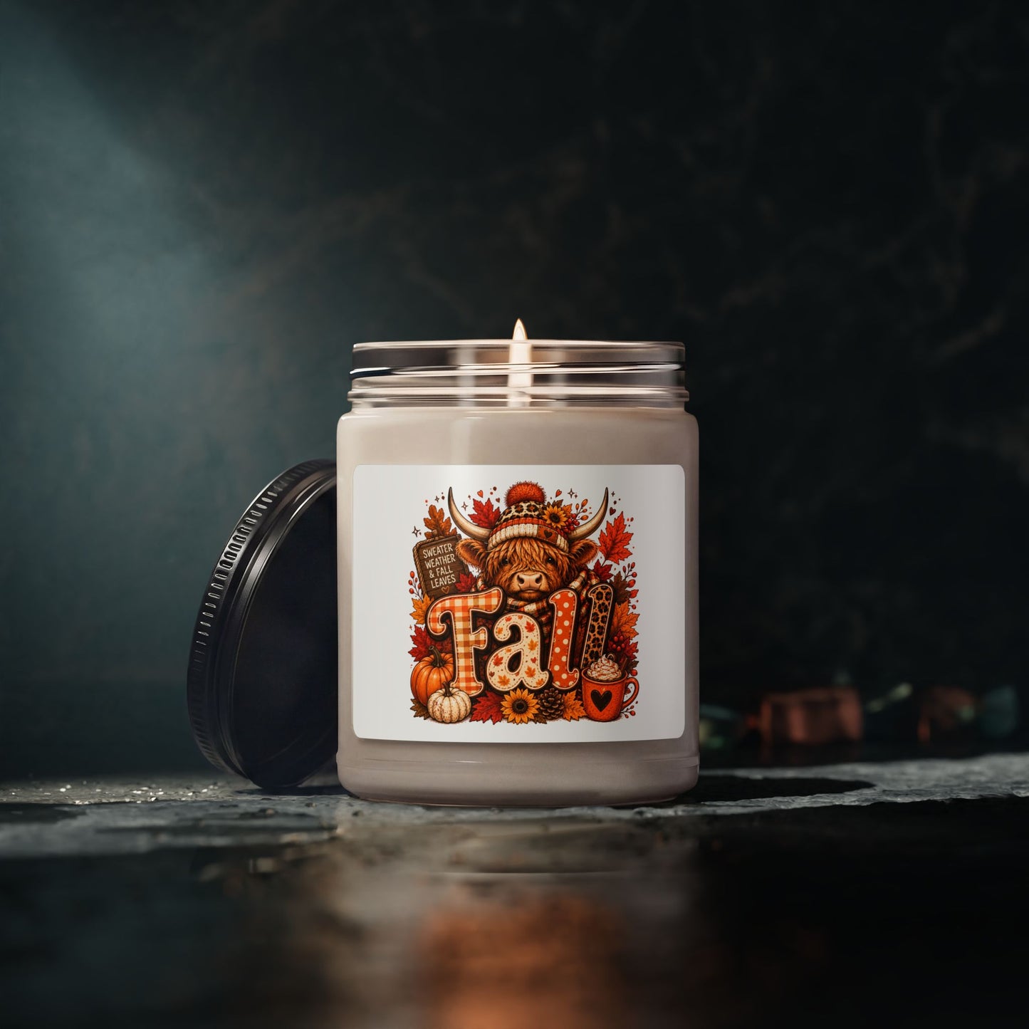 Fall Highland Cow Candle 9oz Soy Jar | Autumn Pumpkin Leaves Scented