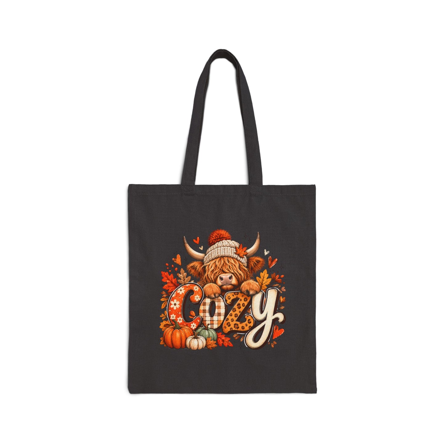 Cozy Autumn Highland Cow Tote Bag | Fall Pumpkin Leaves