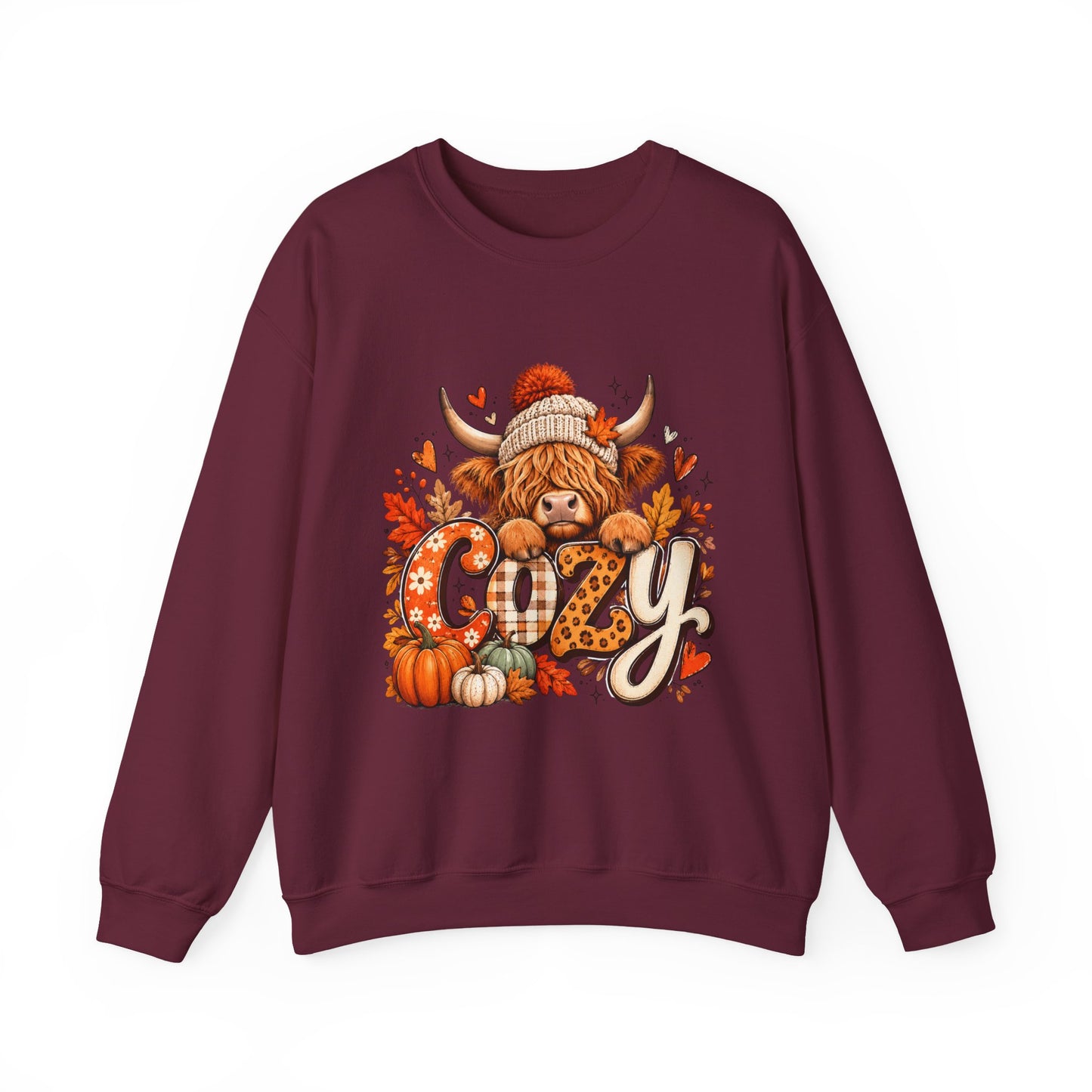 Cozy Highland Cow fall sweatshirt | pumpkin leaves autumn cozy design