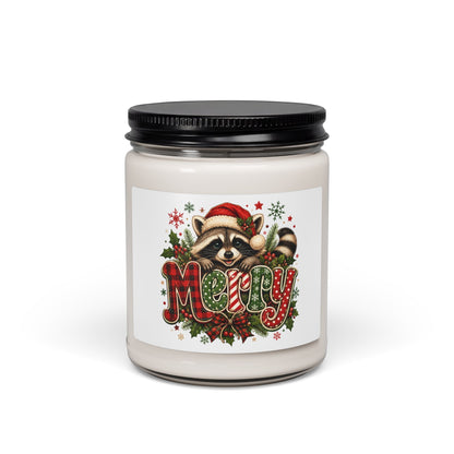 Merry Raccoon Christmas Soy Candle — Holiday Scented 9oz Jar