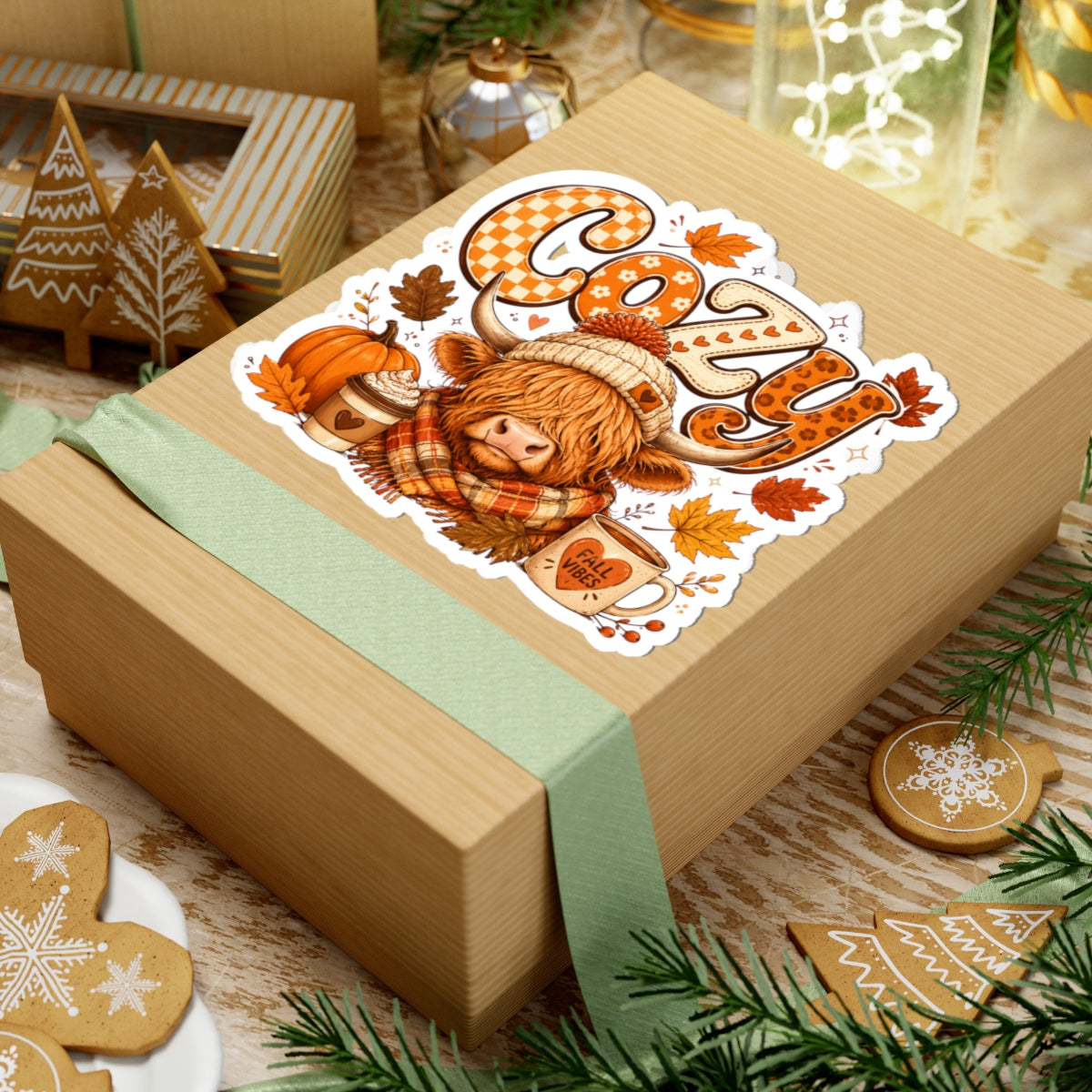 Cozy Highland Cow Sticker | Fall Vibes Autumn Pumpkin Latte Kiss-Cut