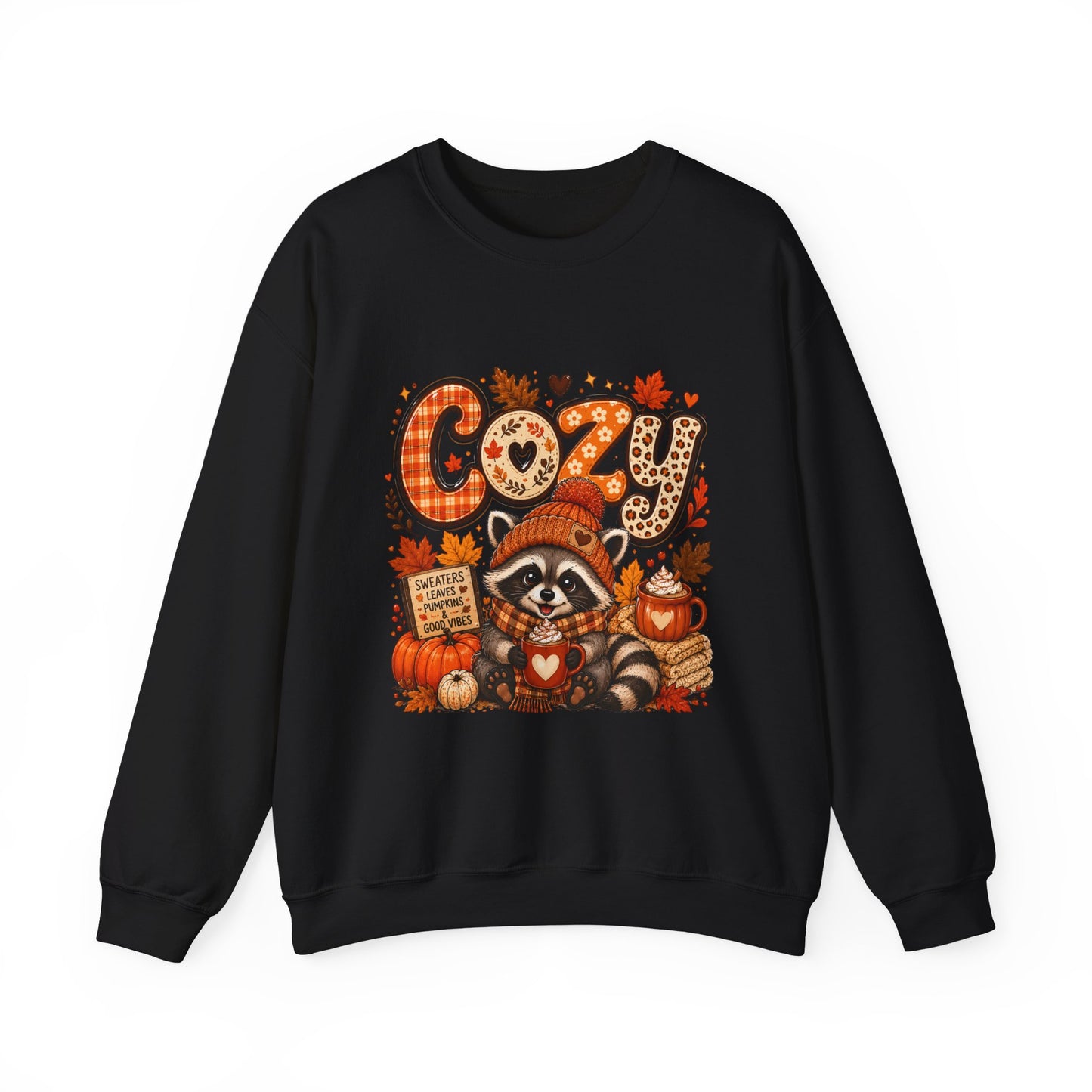 Cozy Raccoon Fall Sweatshirt | Autumn Pumpkins Leaves Plaid