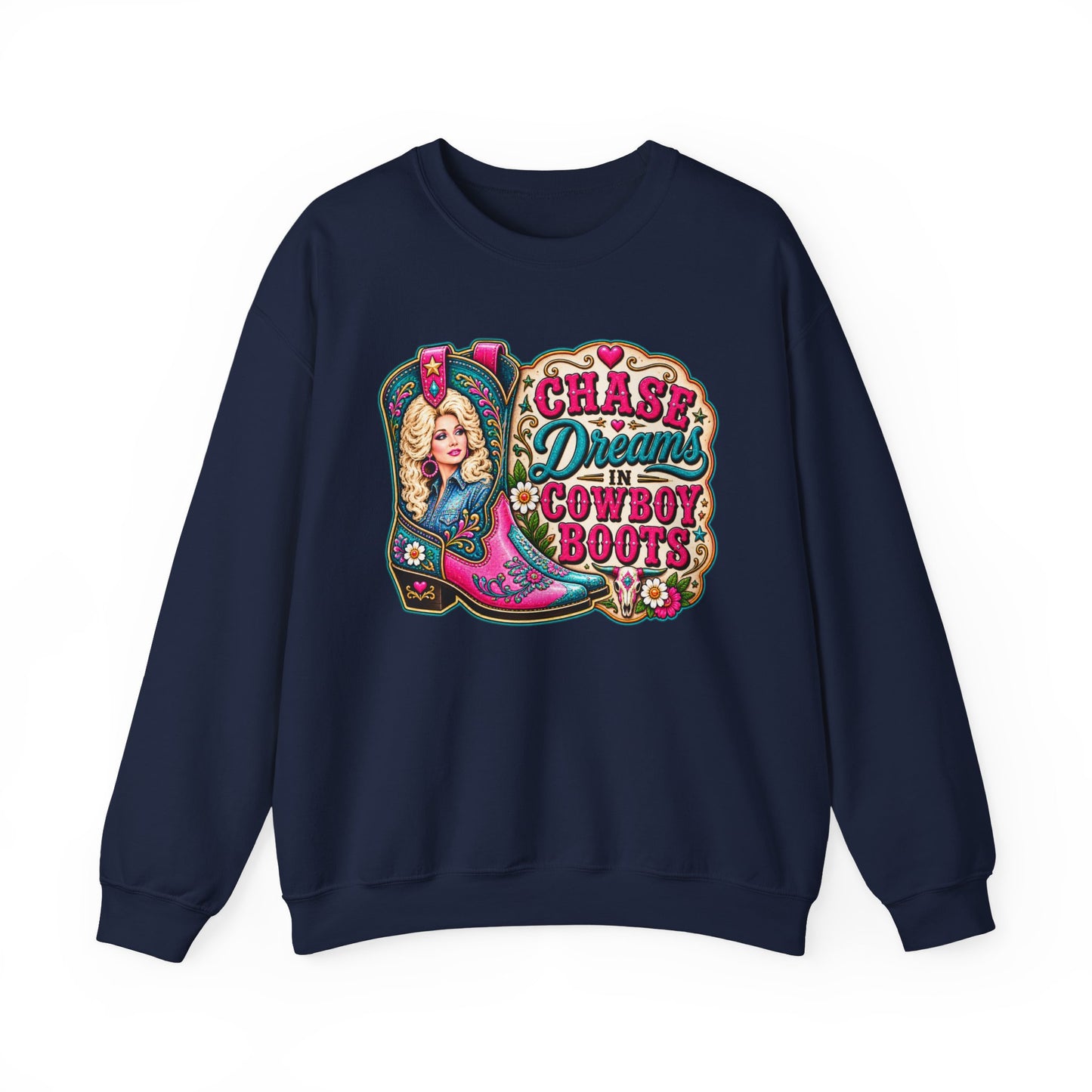 Crewneck Sweatshirt - "Chase Dreams in Cowboy Boots" Retro Western Graphic