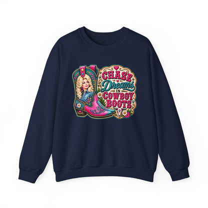 Crewneck Sweatshirt - "Chase Dreams in Cowboy Boots" Retro Western Graphic