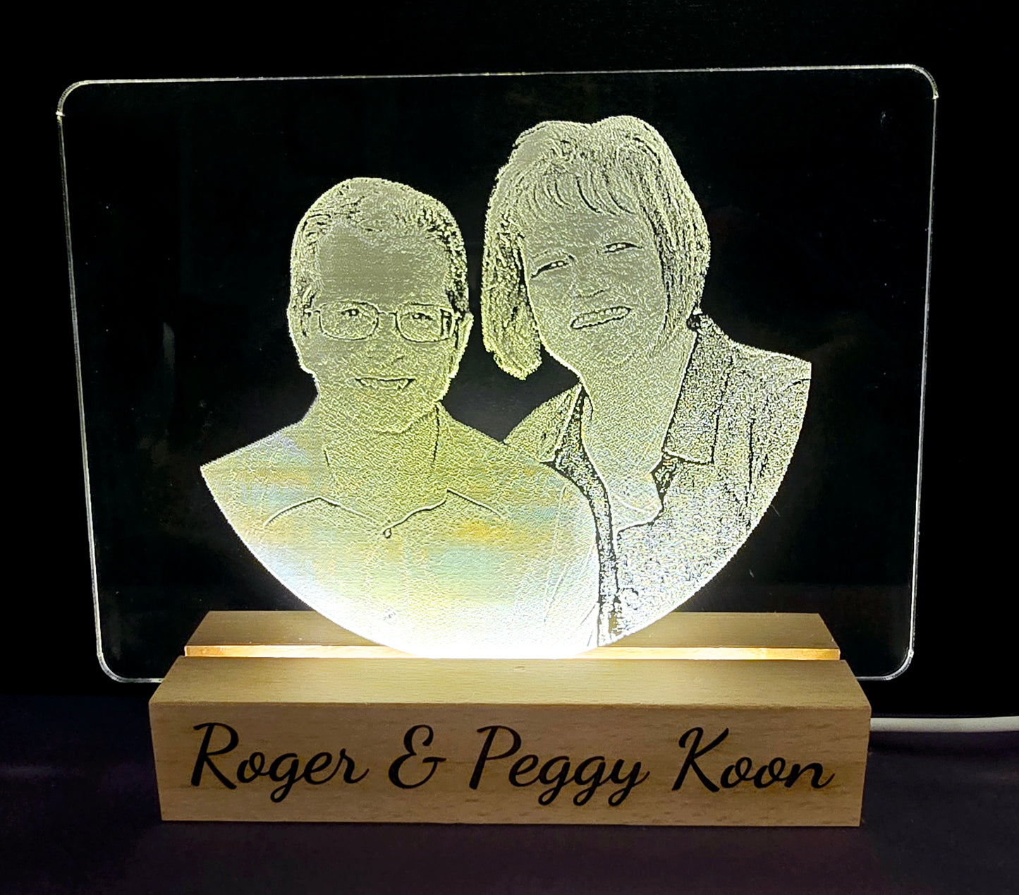 Acrylic sign with wooden LED base