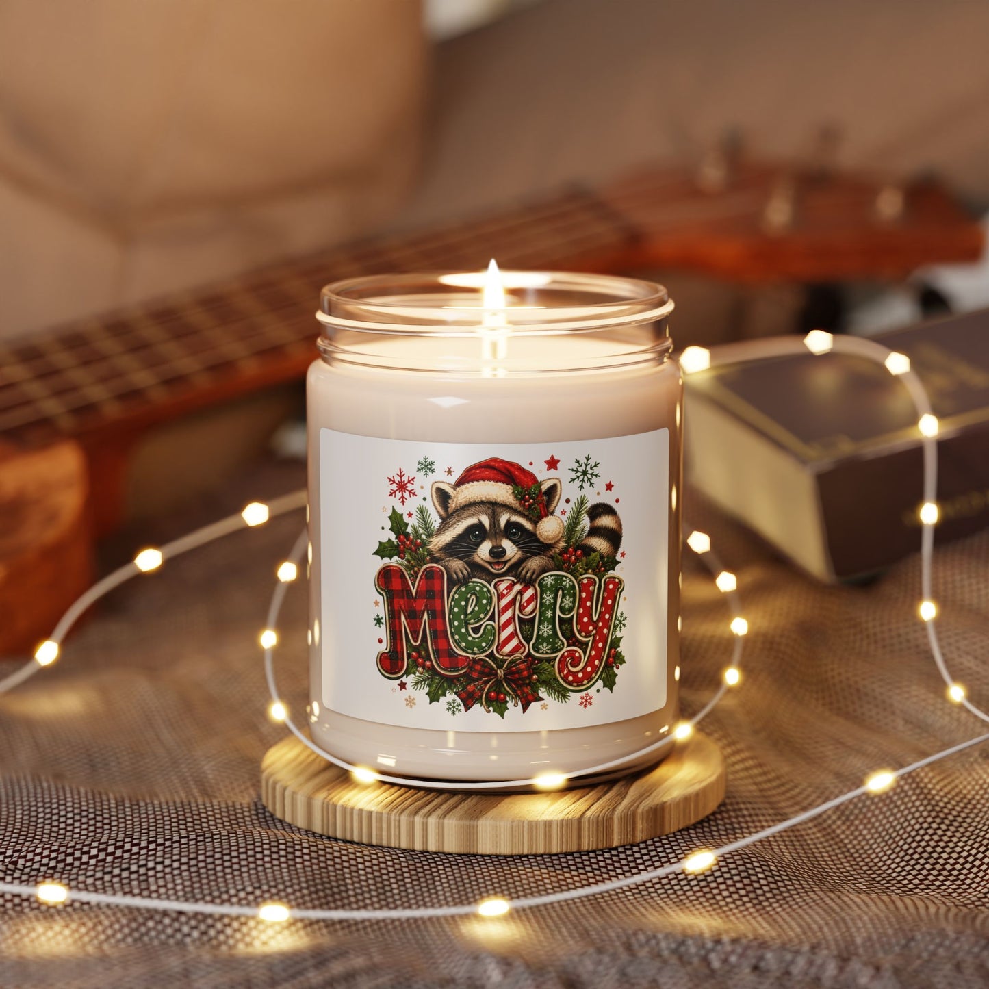 Merry Raccoon Christmas Soy Candle — Holiday Scented 9oz Jar