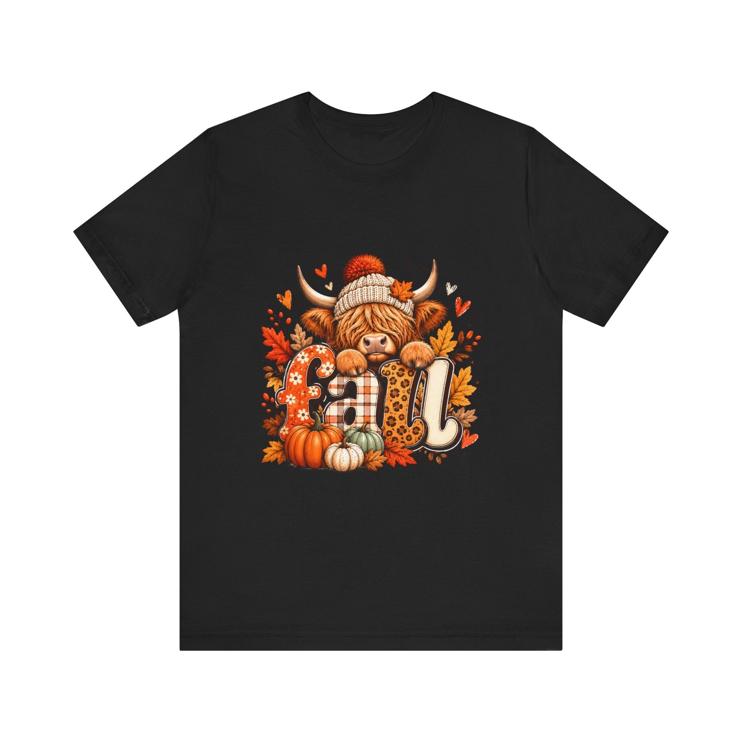 Autumn Highland Cow Tee | Fall Pumpkins, Plaid Letters, Cozy Knit Hat
