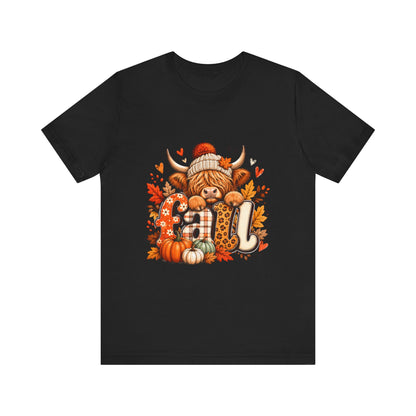 Autumn Highland Cow Tee | Fall Pumpkins, Plaid Letters, Cozy Knit Hat
