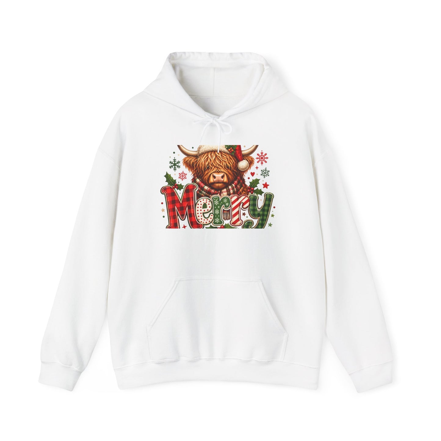 Christmas Highland Cow 'Merry' Hoodie – Cute Plaid Holiday Sweatshirt