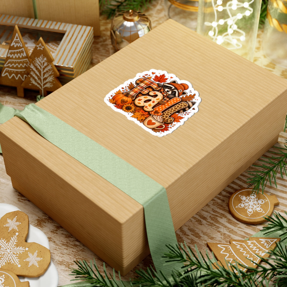 Fall Raccoon Sticker | Autumn Leaves Pumpkin Hot Cocoa Kiss-Cut Sticker