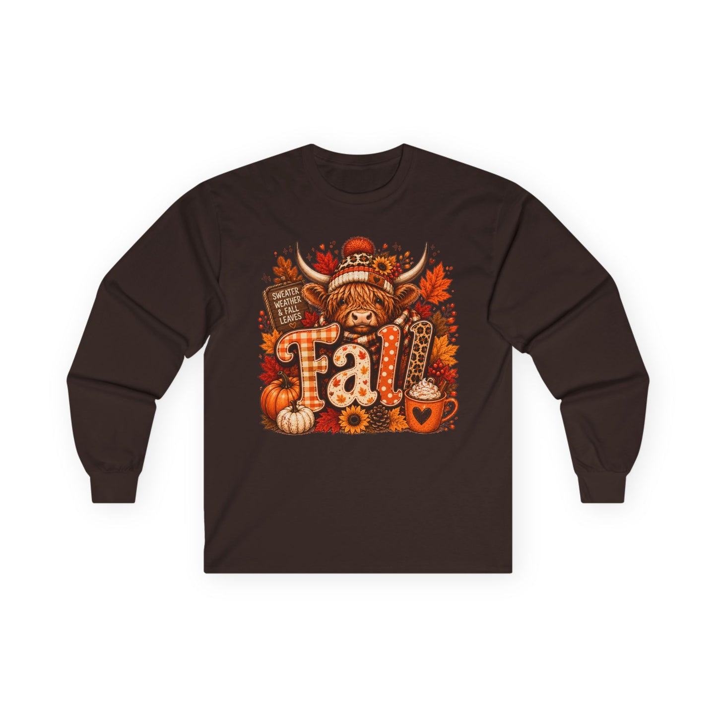 Highland Cow Fall long sleeve tee | autumn pumpkin leaves plaid lettering