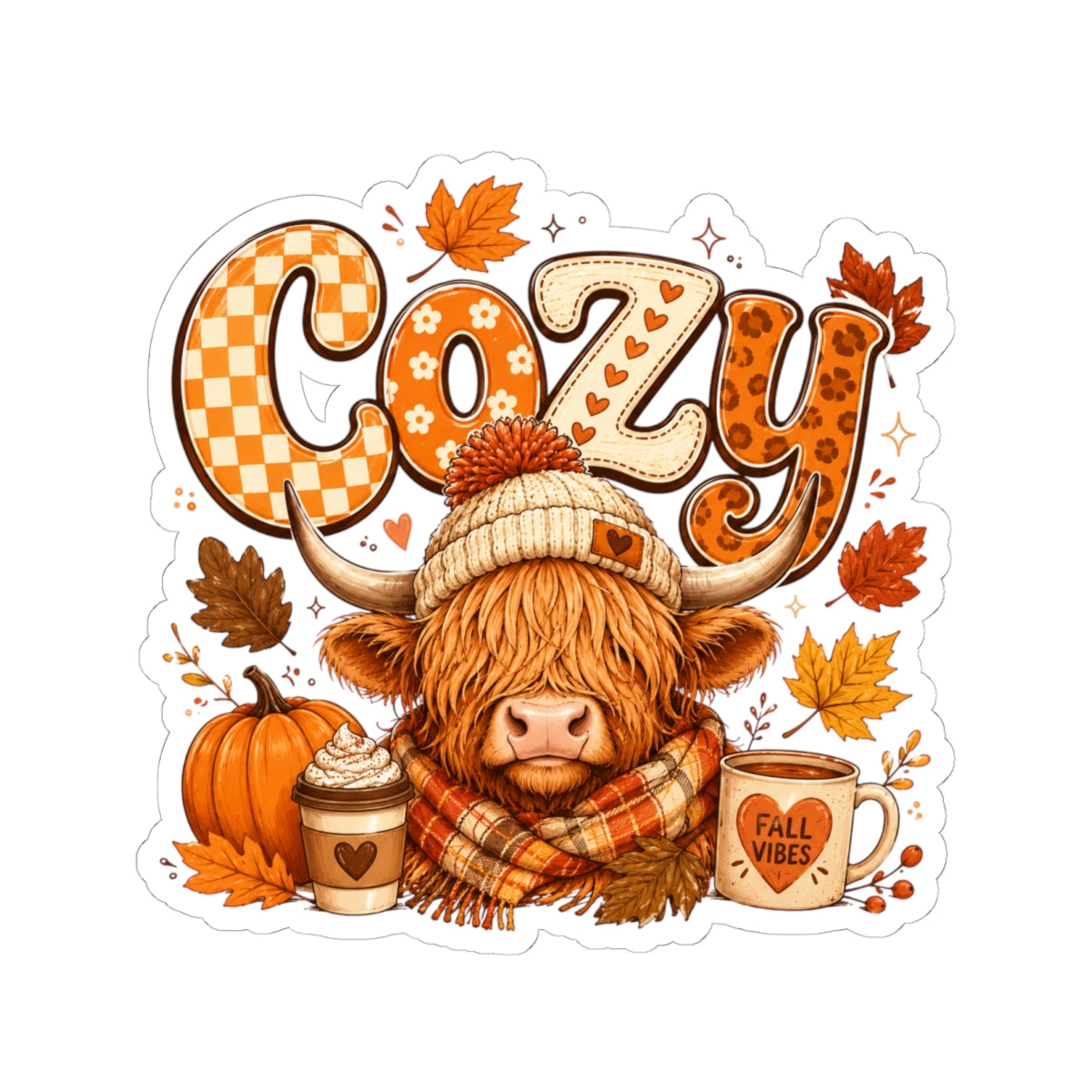 Cozy Highland Cow Sticker | Fall Vibes Autumn Pumpkin Latte Kiss-Cut