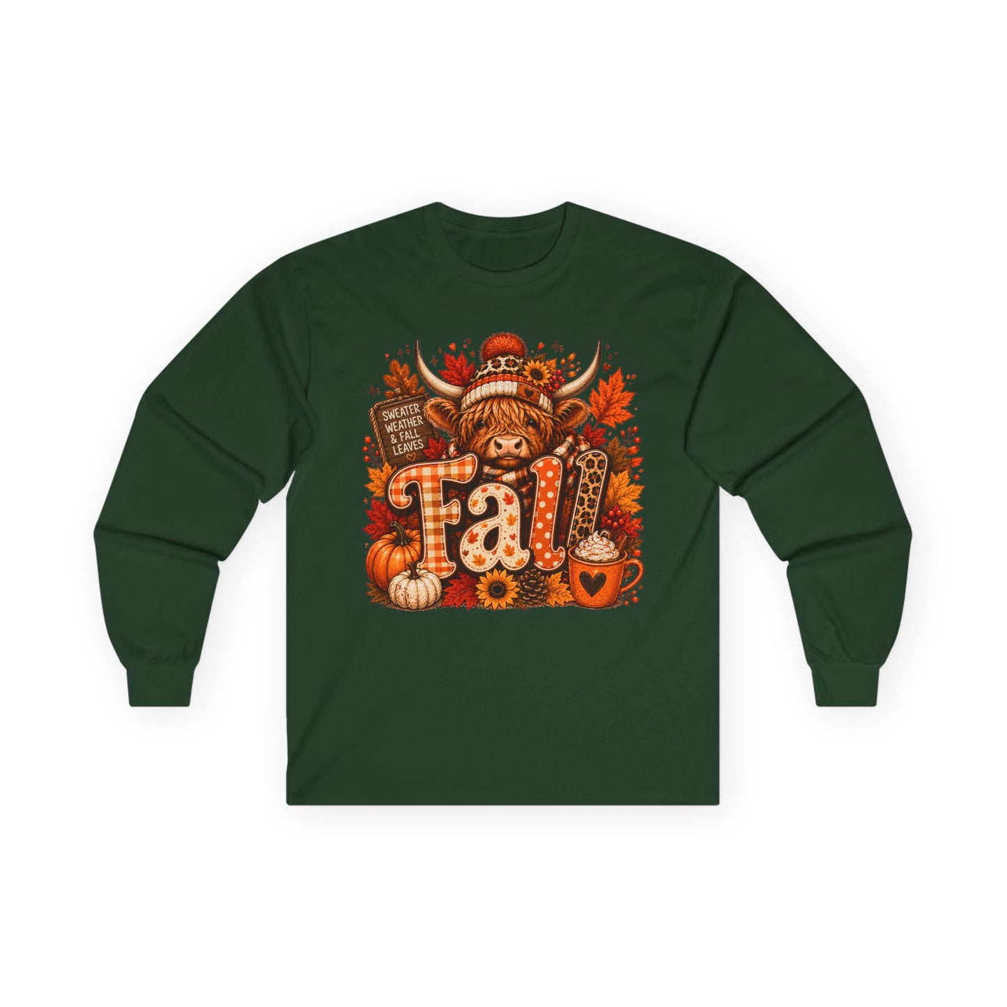 Highland Cow Fall long sleeve tee | autumn pumpkin leaves plaid lettering