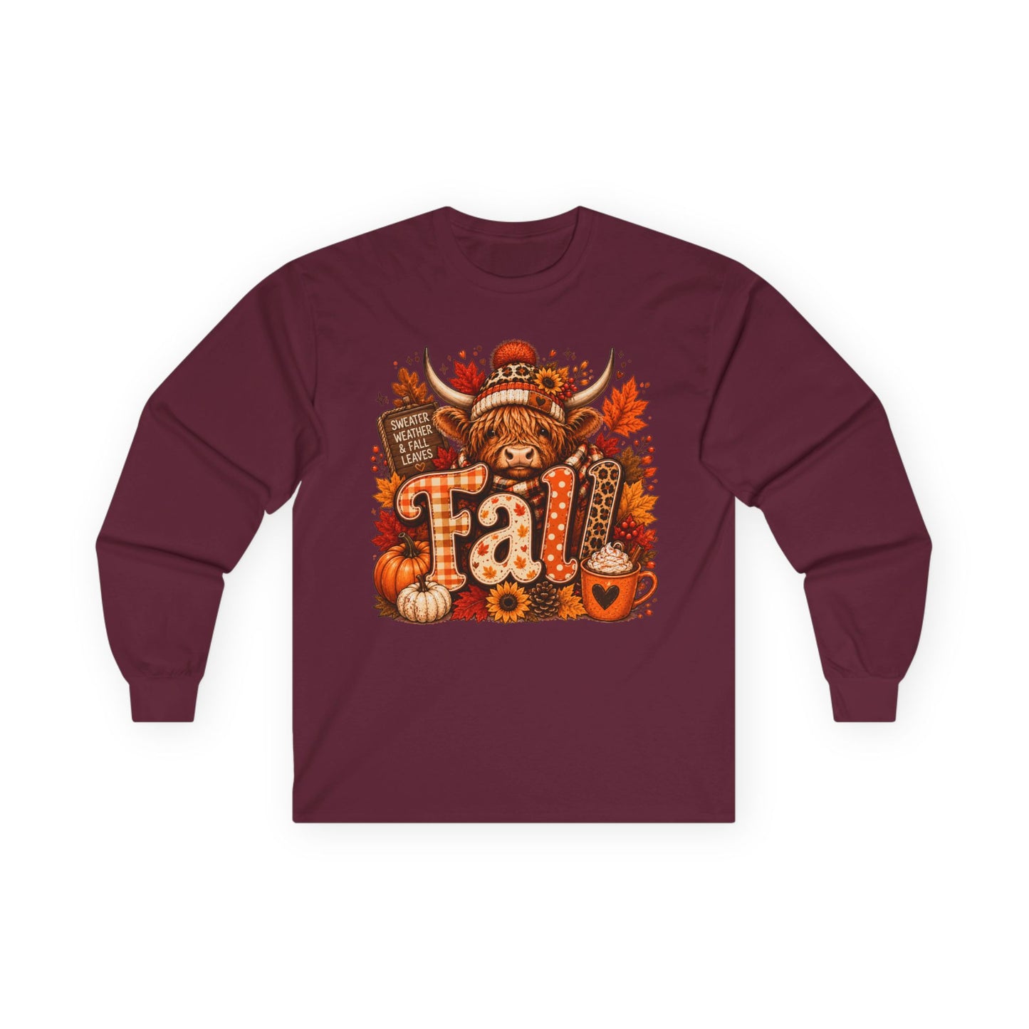 Highland Cow Fall long sleeve tee | autumn pumpkin leaves plaid lettering