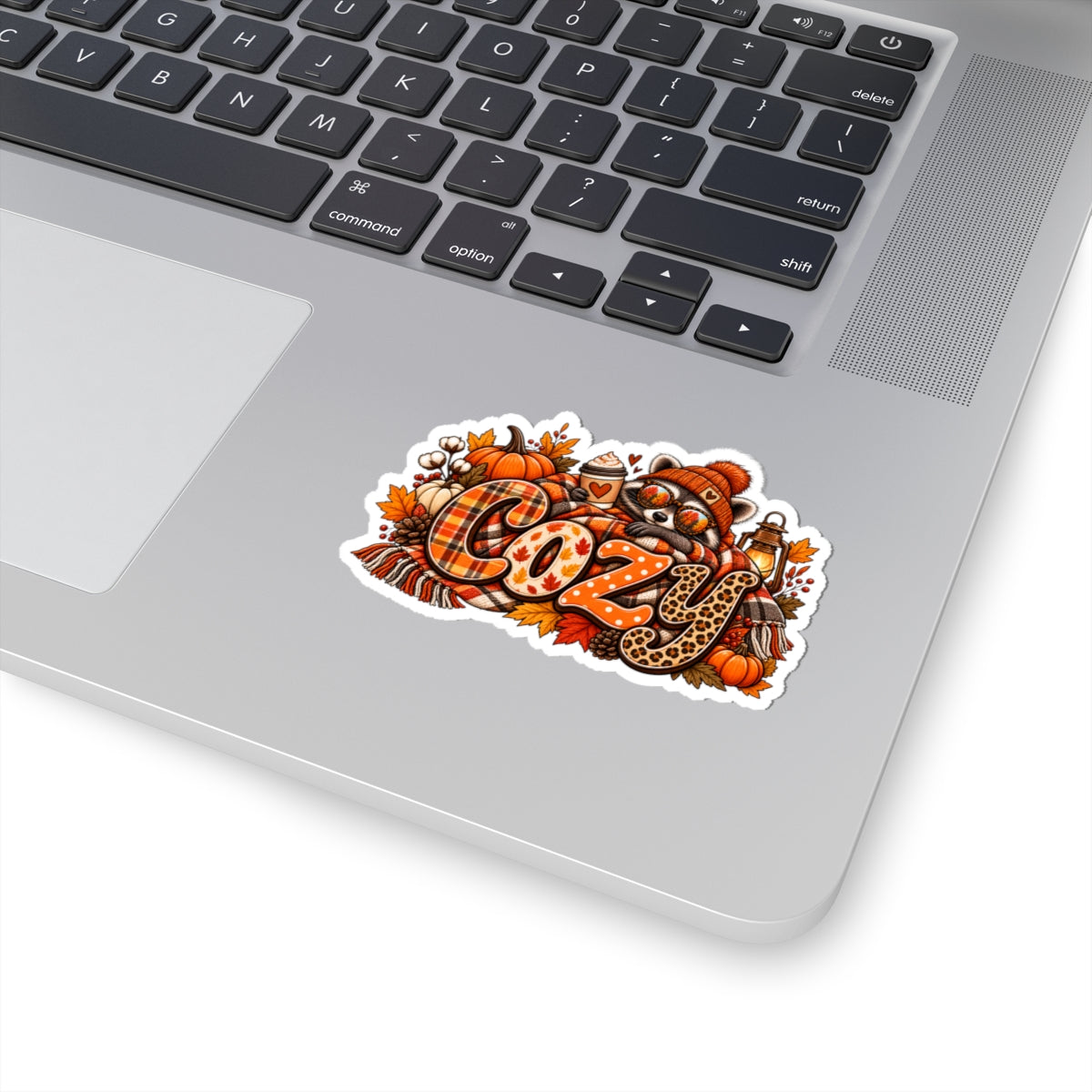 Cozy Autumn Racoon Sticker | Fall Pumpkins Plaid Leopard Kiss-Cut Sticker
