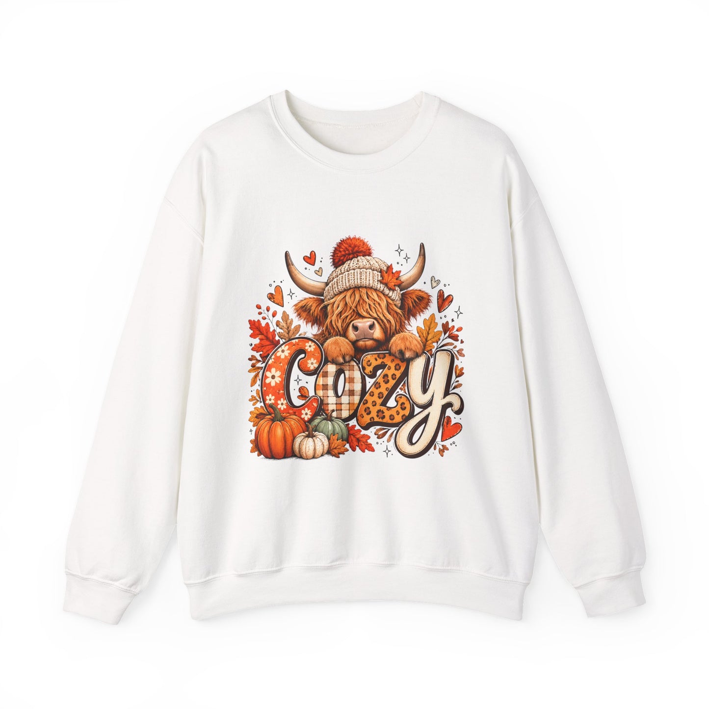 Cozy Highland Cow Fall Sweatshirt | Autumn Pumpkin Leaves