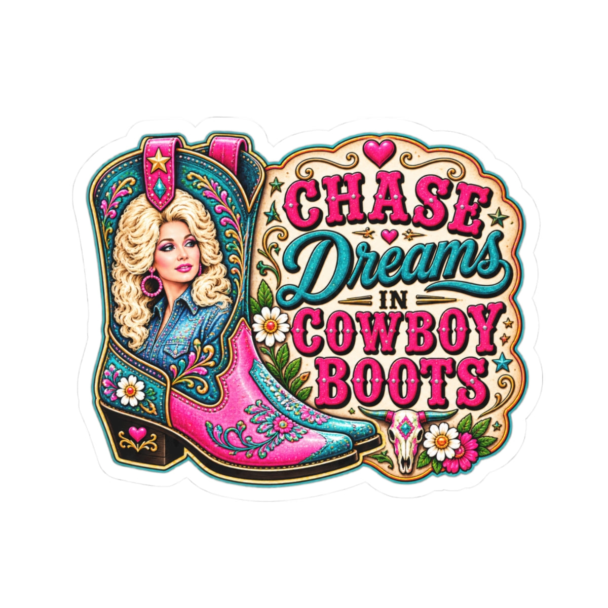 Chase Dreams in Cowboy Boots Kiss-Cut Sticker — Pink Western Cowgirl Boot Design