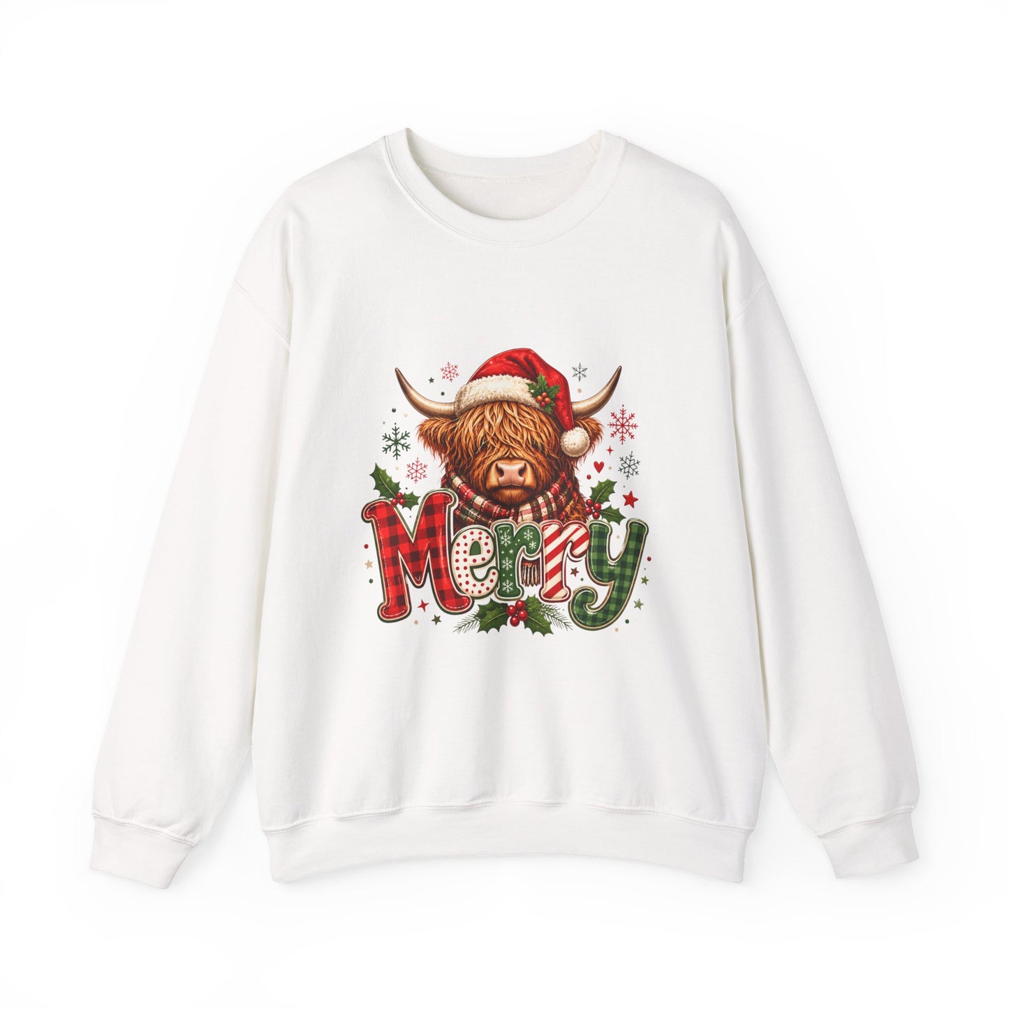 Christmas Highland Cow 'Merry' Sweatshirt – Festive Holiday Crewneck