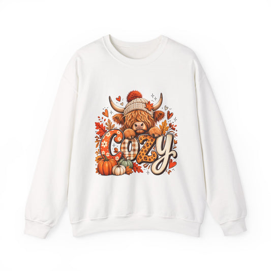 Cozy Highland Cow fall sweatshirt | pumpkin leaves autumn cozy design