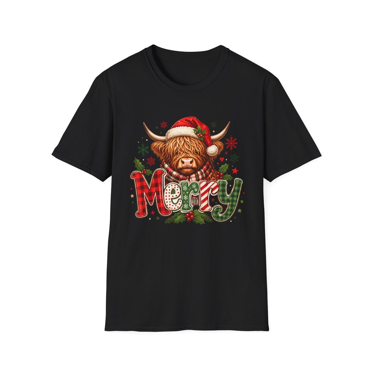 Merry Highland Cow Christmas Graphic T-Shirt
