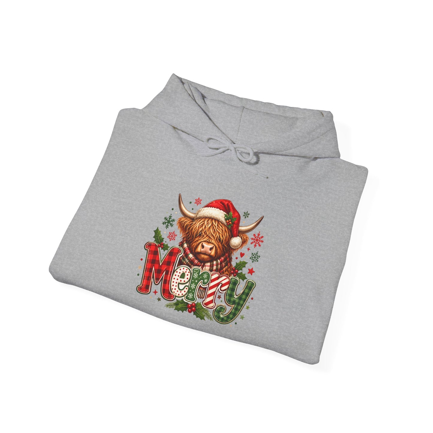 Christmas Highland Cow 'Merry' Hoodie – Cute Plaid Holiday Sweatshirt