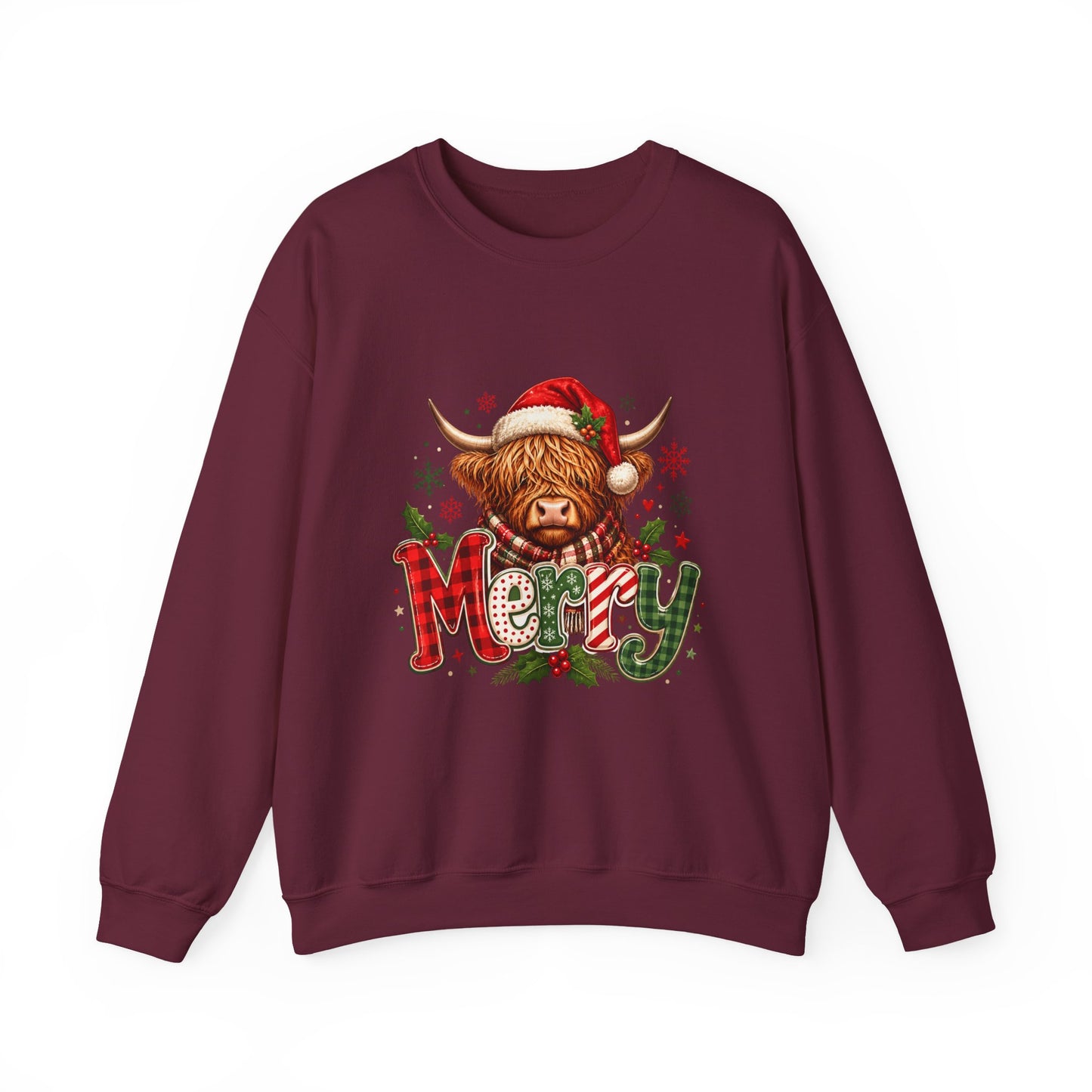Christmas Highland Cow "Merry" Crewneck Sweatshirt