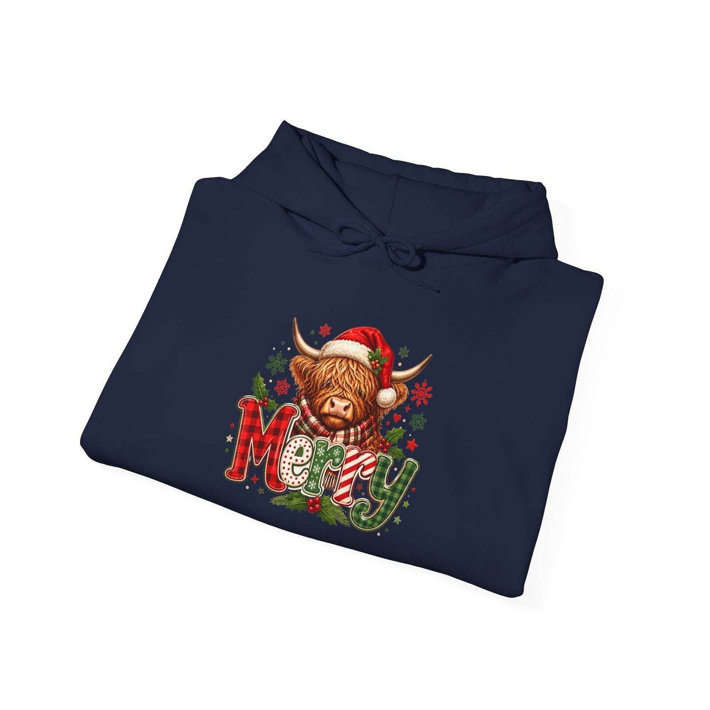 Christmas Highland Cow 'Merry' Hoodie – Cute Plaid Holiday Sweatshirt