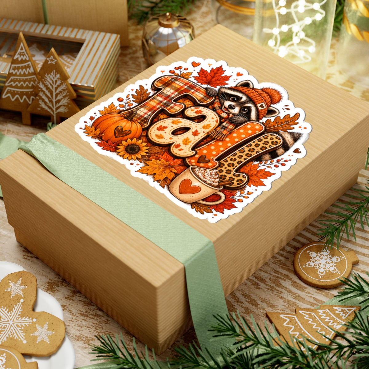 Fall Raccoon Sticker | Autumn Leaves Pumpkin Hot Cocoa Kiss-Cut Sticker