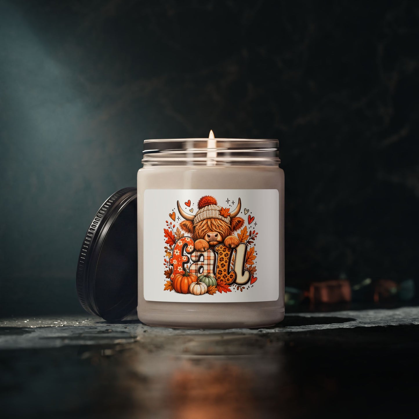 Autumn Highland Cow Candle Scented Soy Candle | Fall Pumpkin Label, 9oz