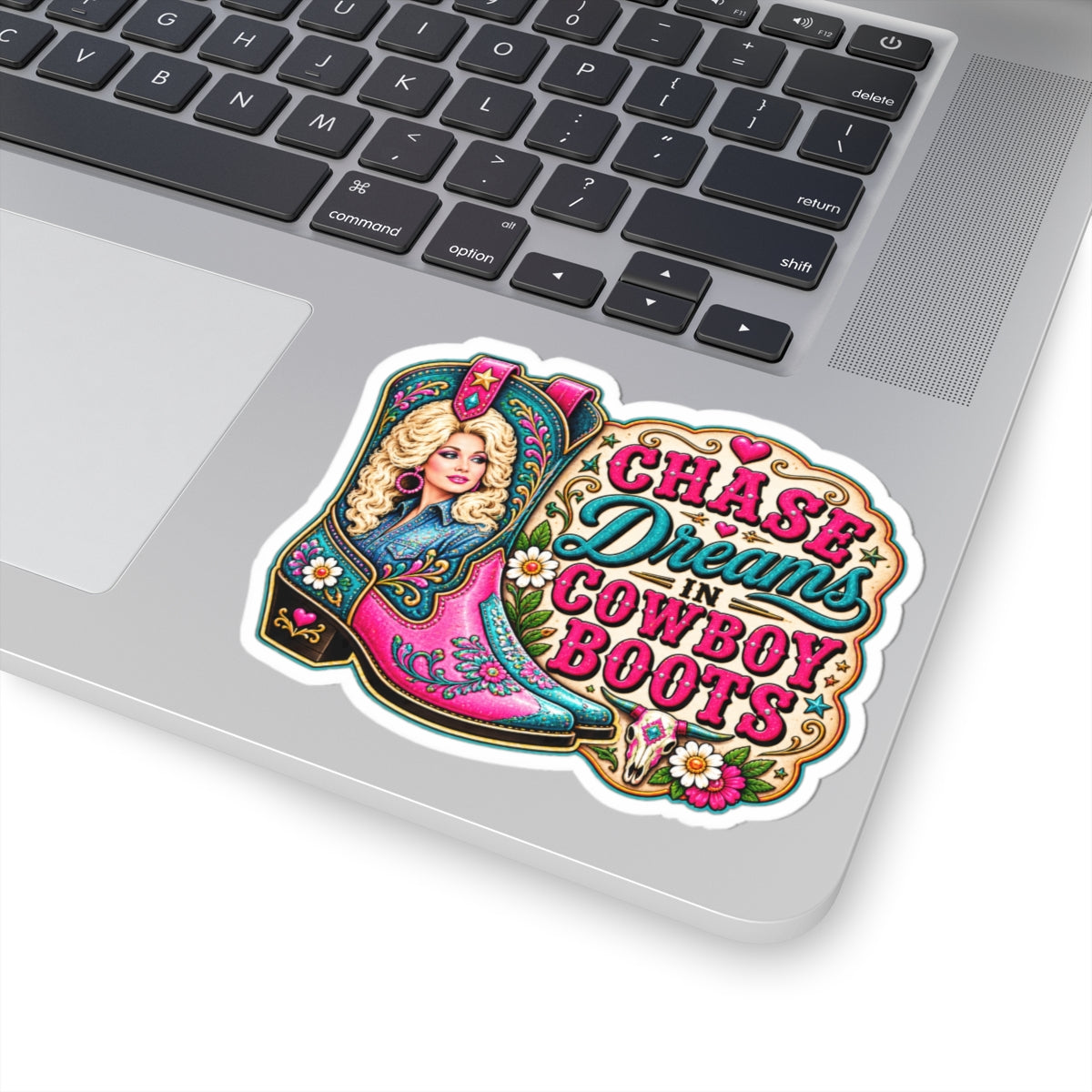 Chase Dreams in Cowboy Boots Kiss-Cut Sticker — Pink Western Cowgirl Boot Design