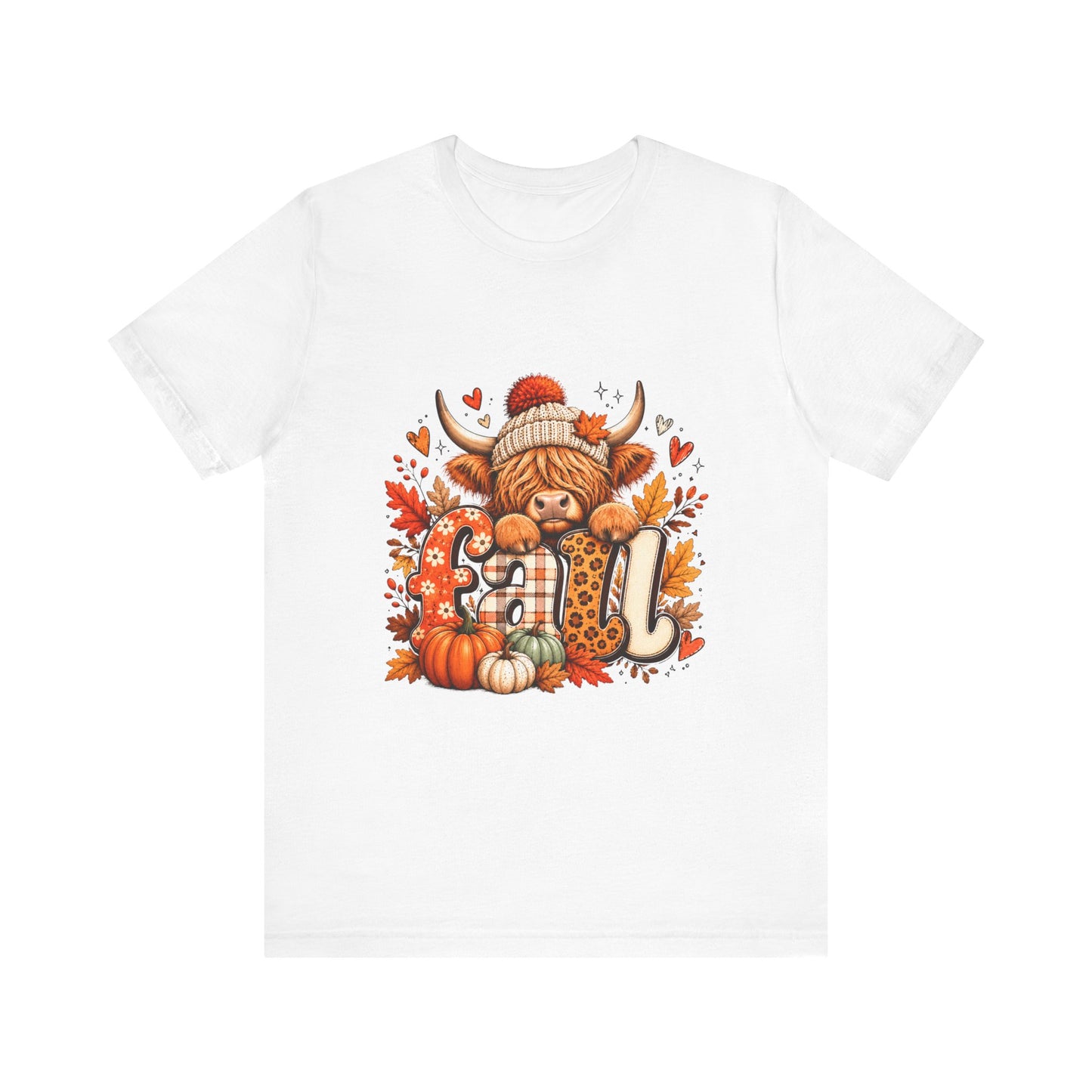 Autumn Highland Cow Tee | Fall Pumpkins, Plaid Letters, Cozy Knit Hat