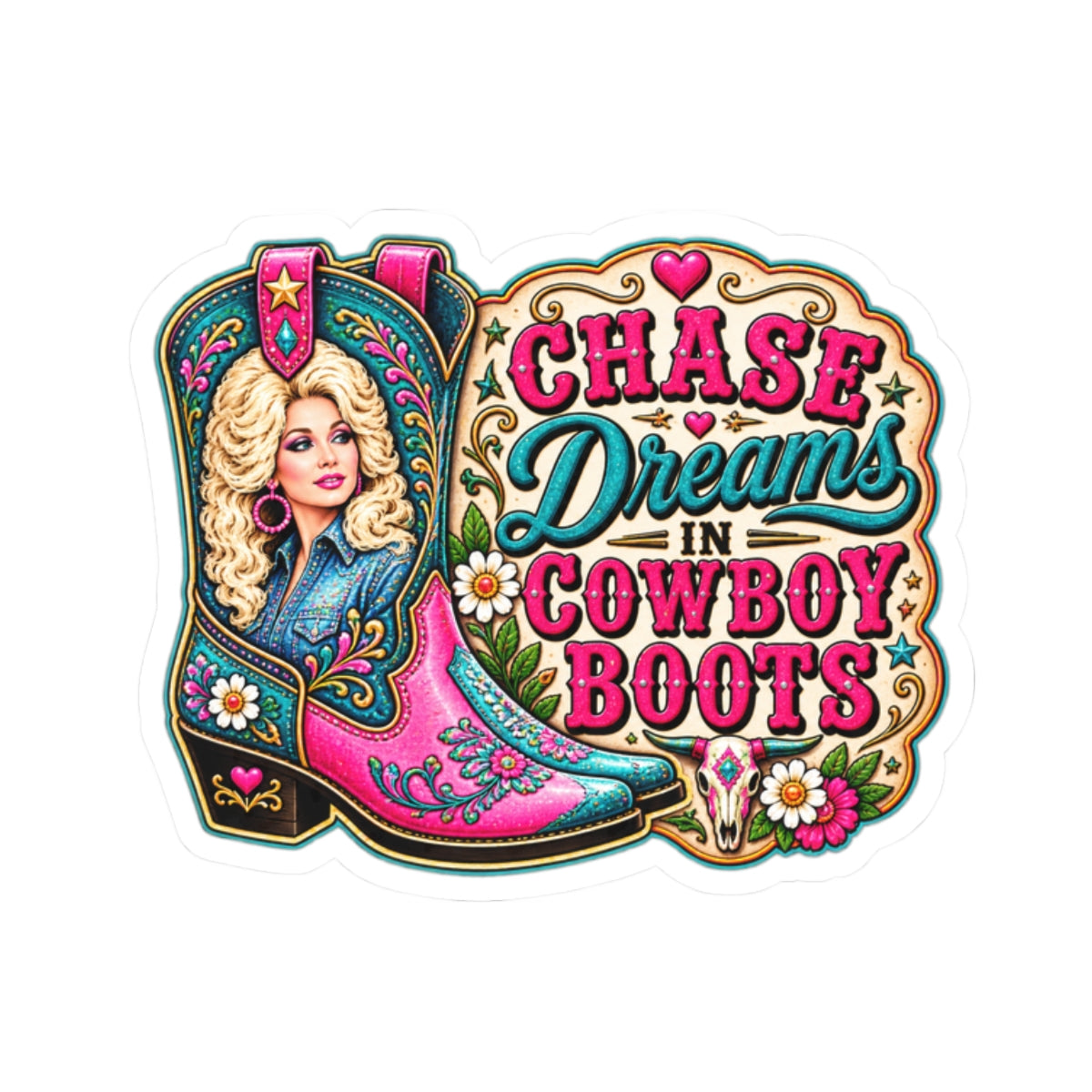 Chase Dreams in Cowboy Boots Kiss-Cut Sticker — Pink Western Cowgirl Boot Design