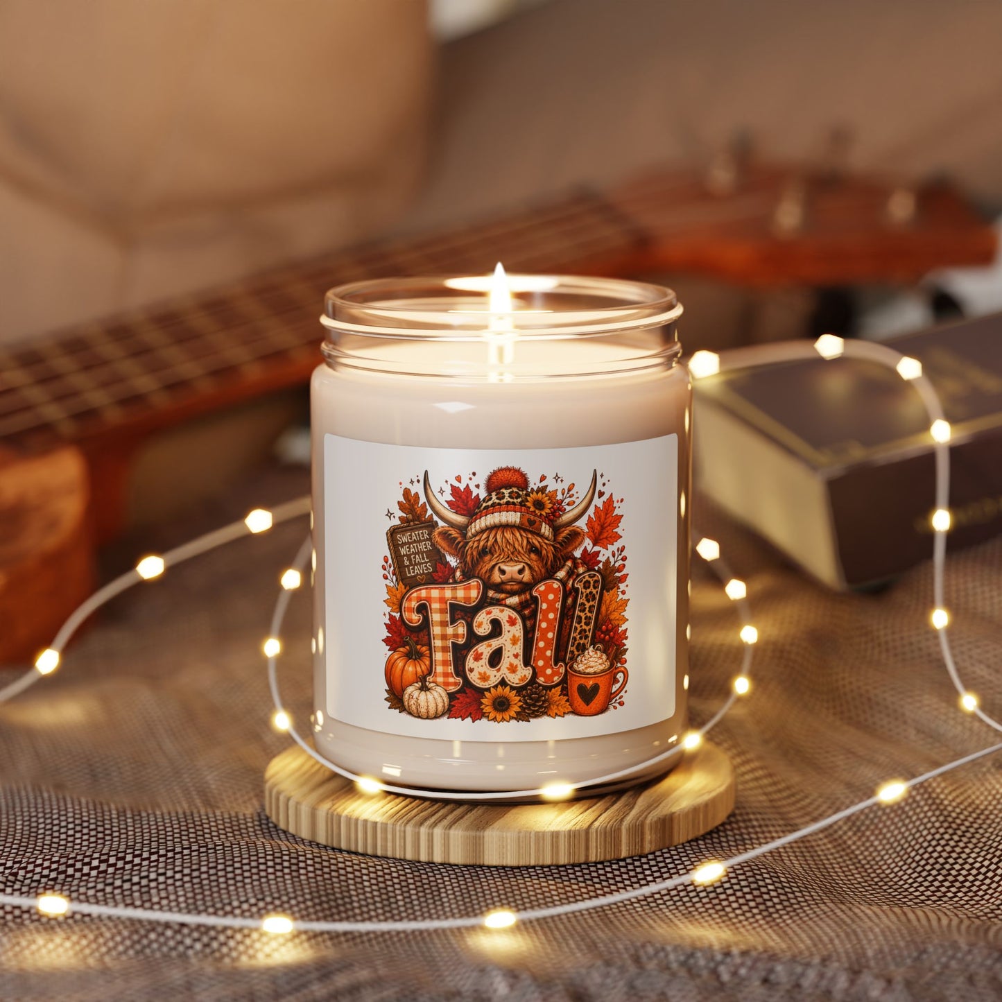 Fall Highland Cow Candle 9oz Soy Jar | Autumn Pumpkin Leaves Scented