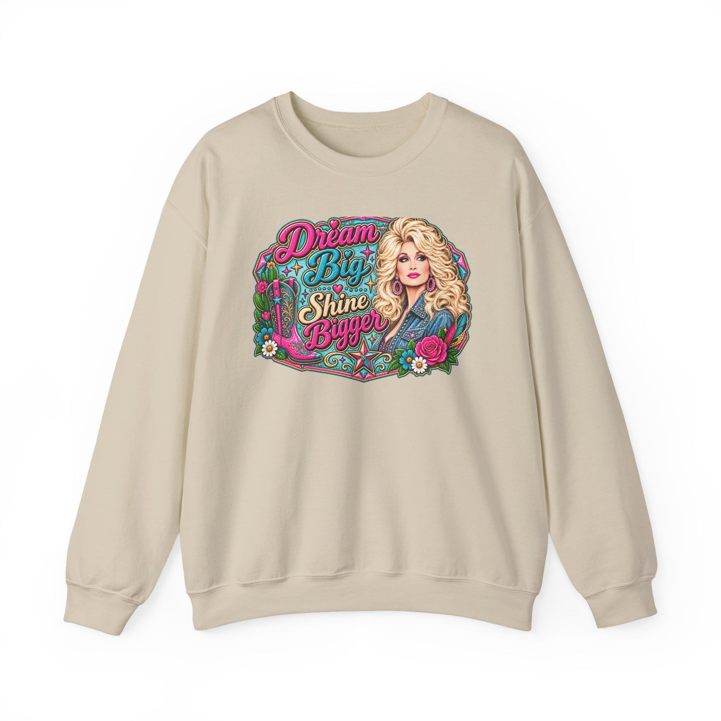 Dream Big Shine Brighter crewneck sweatshirt | Retro Dolly Portrait, Floral Typography