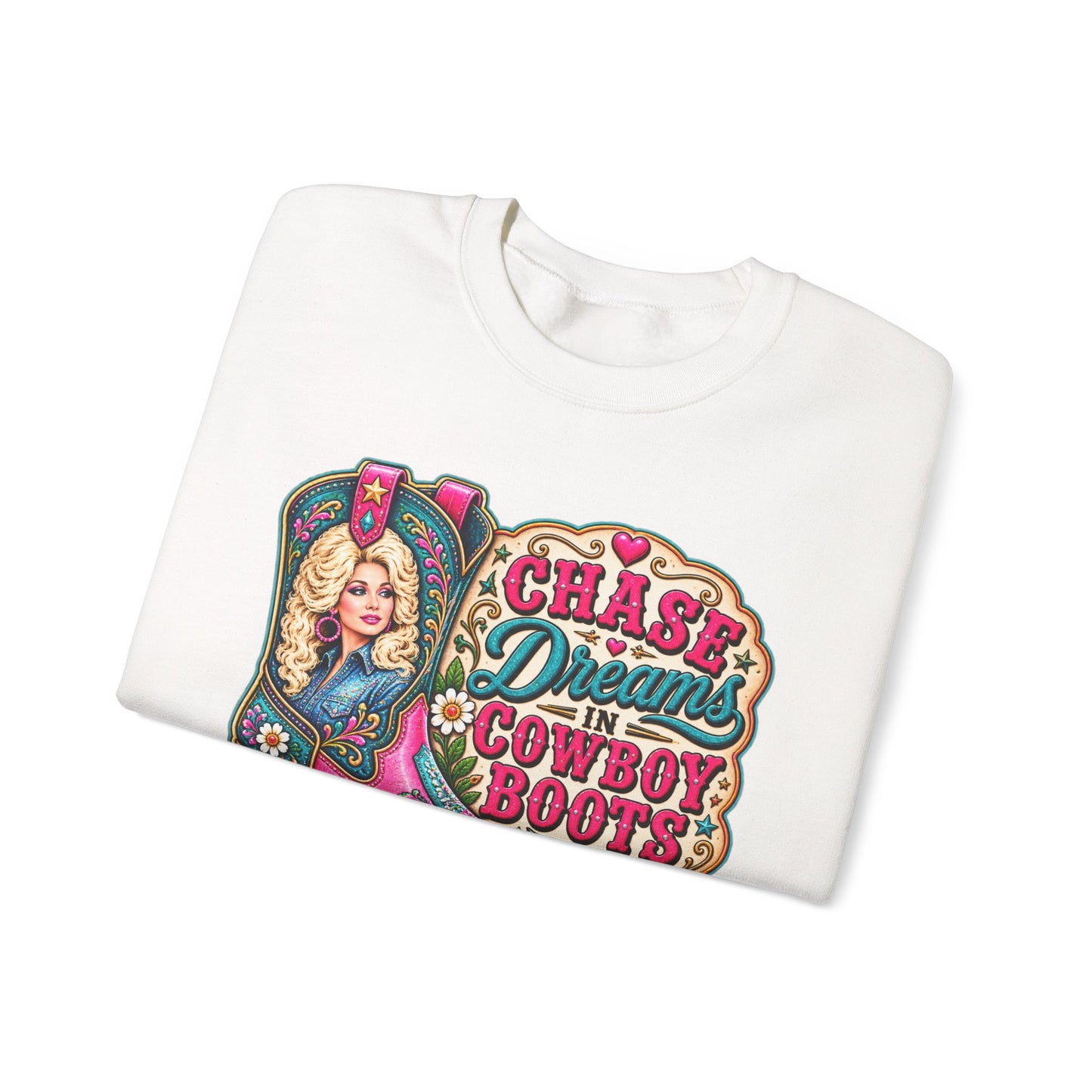 Crewneck Sweatshirt - "Chase Dreams in Cowboy Boots" Retro Western Graphic